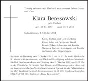 Traueranzeige Klara Beresowski