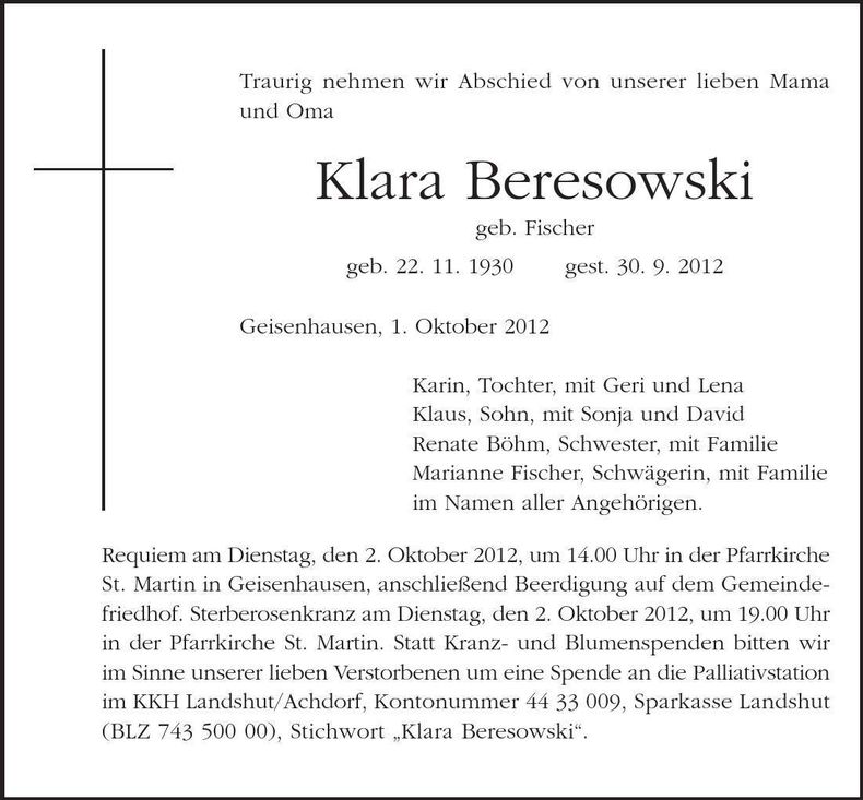 Traueranzeige Klara Beresowski