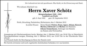 Traueranzeige Xaver Schötz