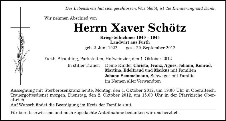 Traueranzeige Xaver Schötz