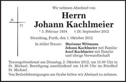 Traueranzeige Johann Kachlmeier