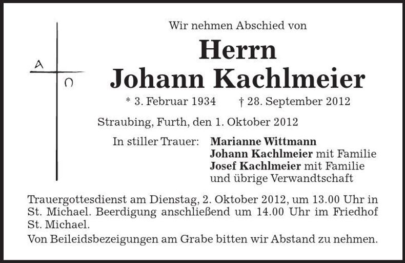 Traueranzeige Johann Kachlmeier