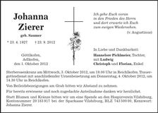 Traueranzeige Johanna Zierer