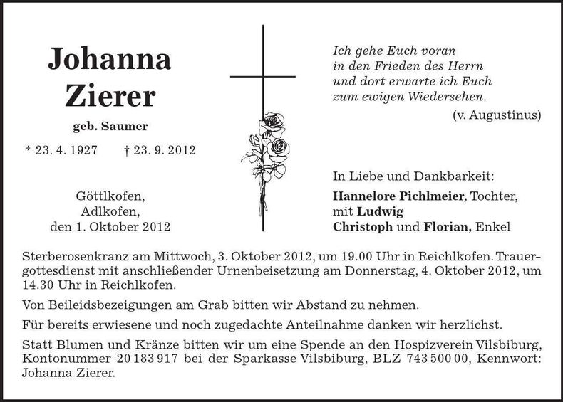 Traueranzeige Johanna Zierer