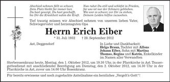 Traueranzeige Erich Eiber