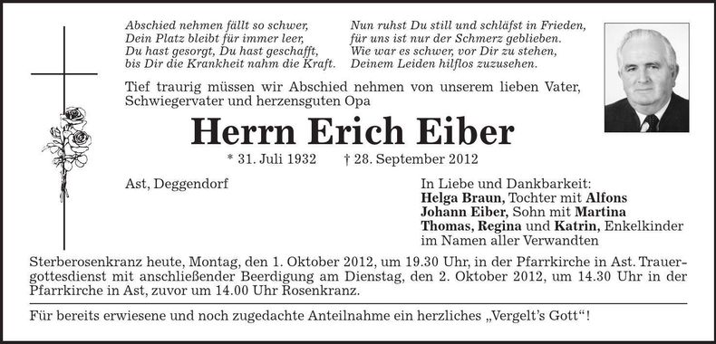 Traueranzeige Erich Eiber