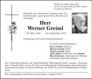 Traueranzeige Werner Greiml