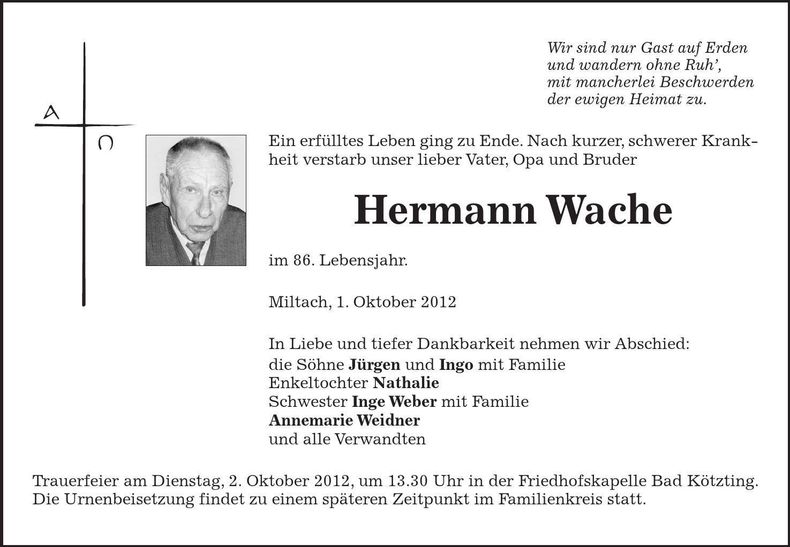 Traueranzeige Hermann Wache