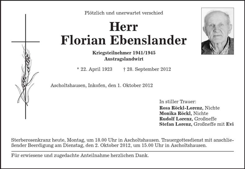 Traueranzeige Florian Ebenslander