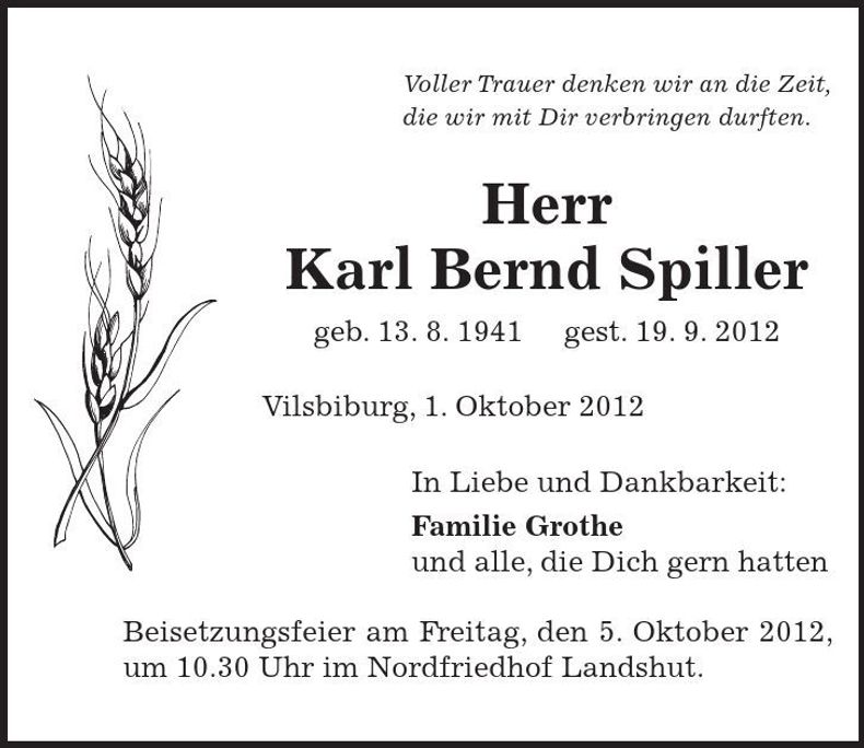 Traueranzeige Karl Bernd Spiller