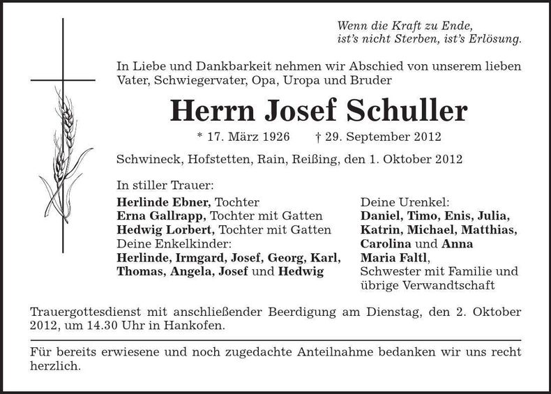 Traueranzeige Josef Schuller