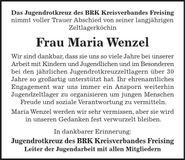 Traueranzeige Maria Wenzel