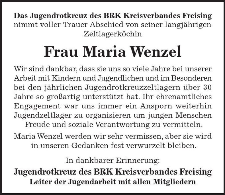 Traueranzeige Maria Wenzel