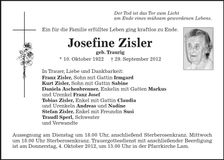 Traueranzeige Josefine Zisler