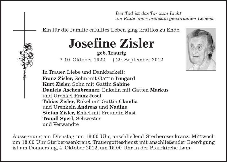 Traueranzeige Josefine Zisler