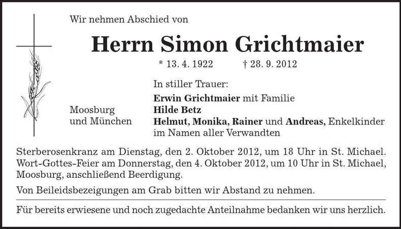 Traueranzeige Simon Grichtmaier