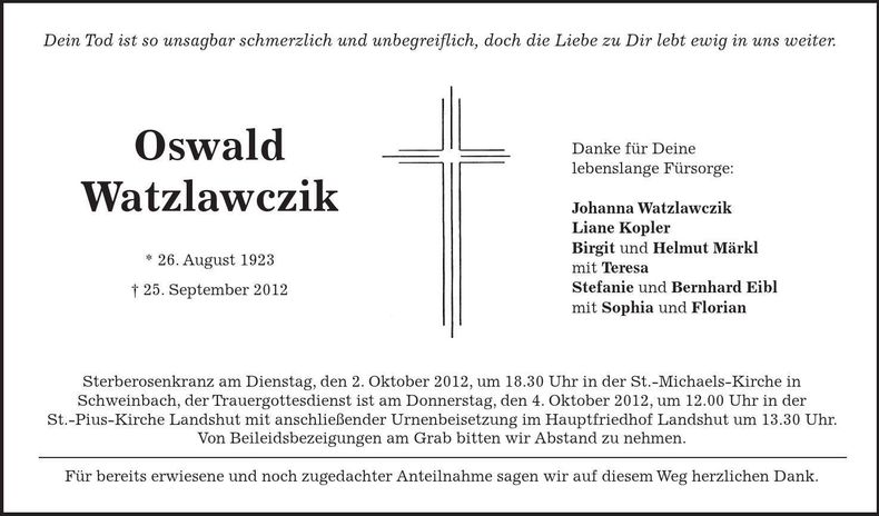 Traueranzeige Oswald Watzlawczik