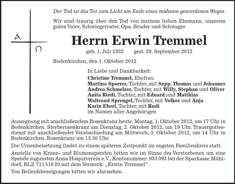 Traueranzeige Erwin Tremmel