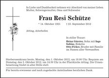 Traueranzeige Resi Schütze