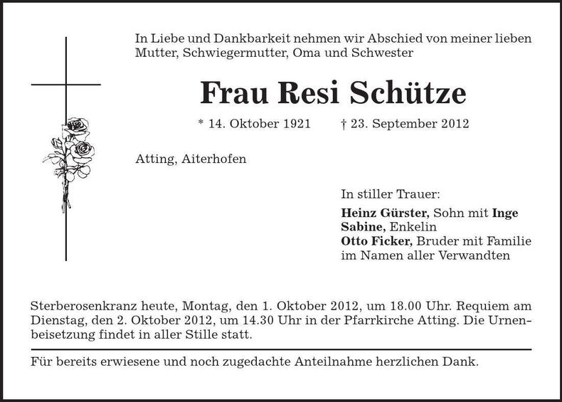 Traueranzeige Resi Schütze