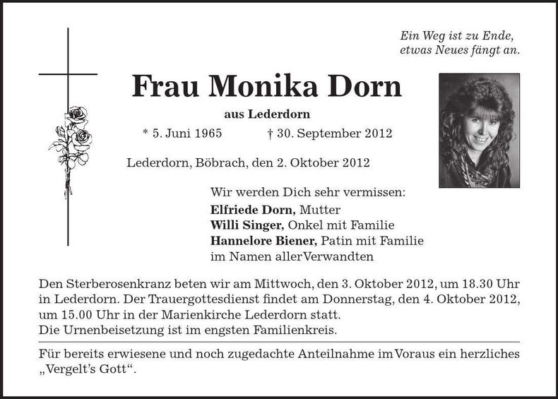 Traueranzeige Monika Dorn