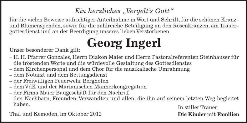 Traueranzeige Georg Ingerl