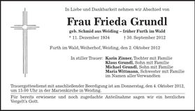 Traueranzeige Frieda Grundl