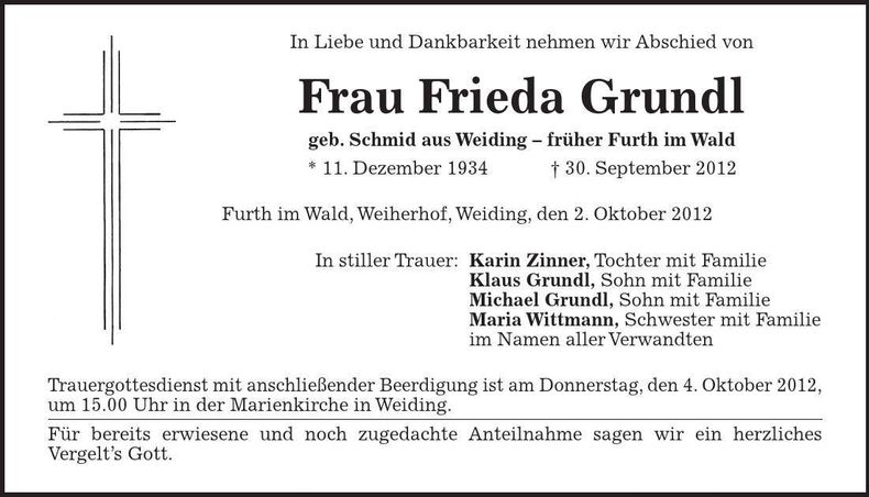 Traueranzeige Frieda Grundl