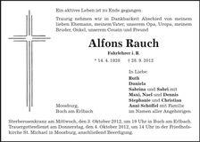 Traueranzeige Alfons Rauch