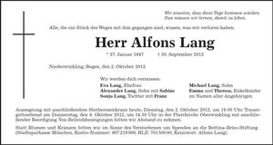 Traueranzeige Alfons Lang
