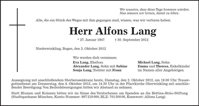 Traueranzeige Alfons Lang
