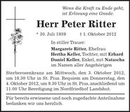 Traueranzeige Peter Ritter