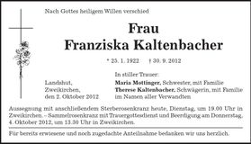 Traueranzeige Franziska Kaltenbacher