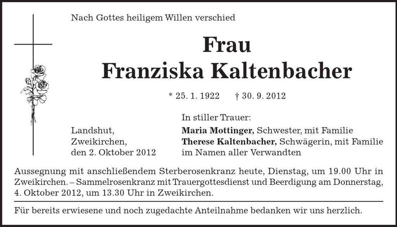 Traueranzeige Franziska Kaltenbacher