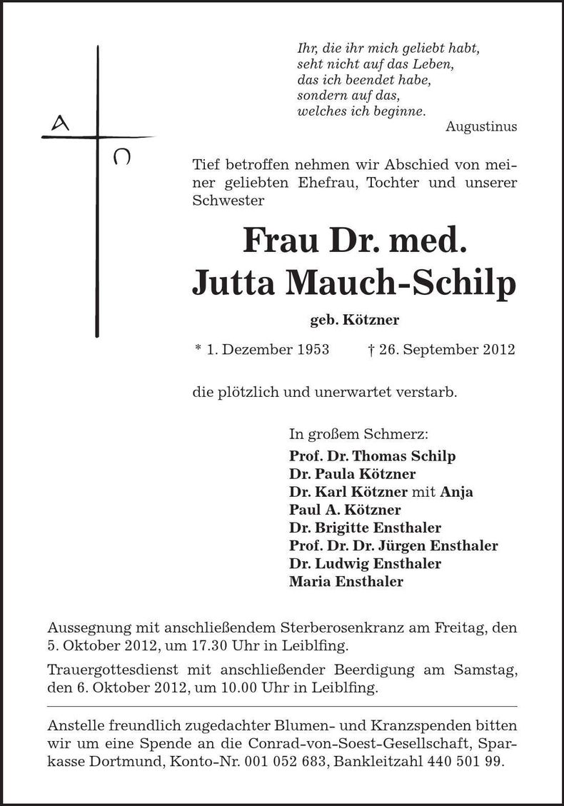 Traueranzeige Jutta Mauch-Schilp