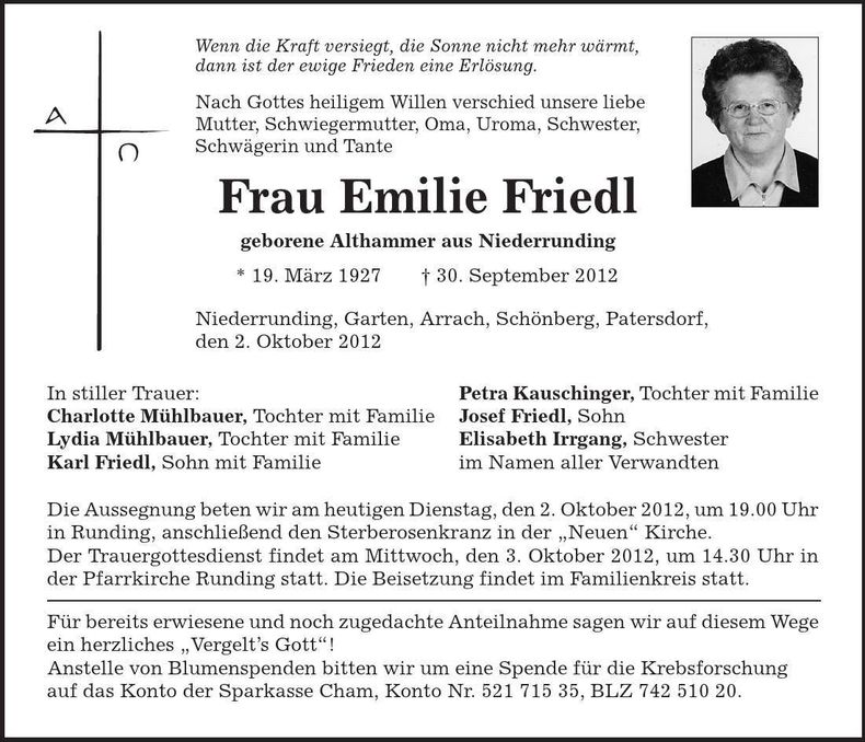 Traueranzeige Emilie Friedl