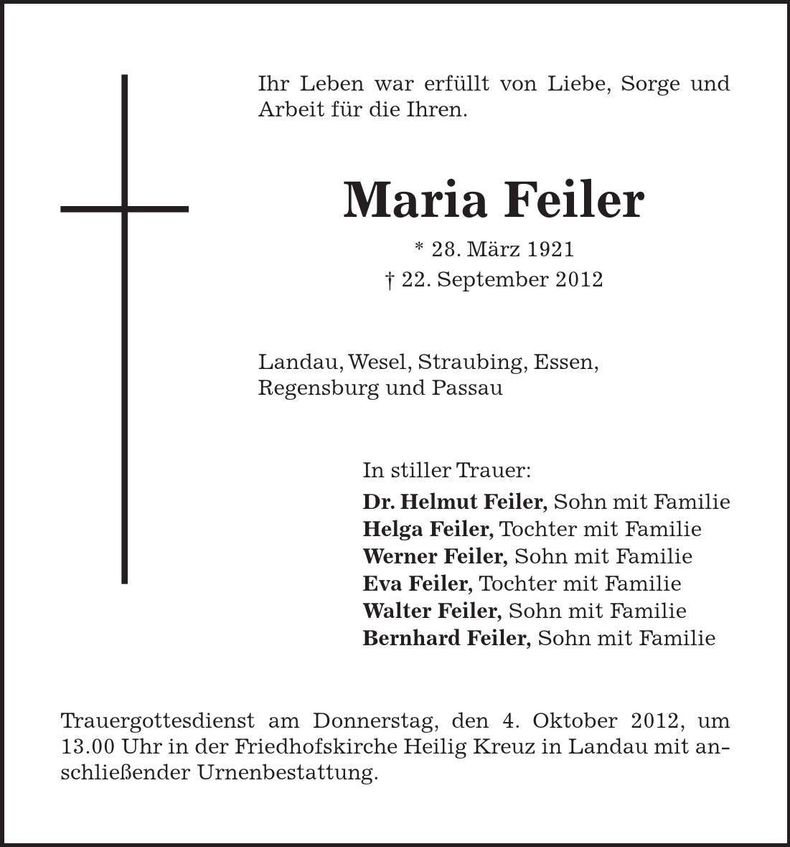 Traueranzeige Maria Feiler