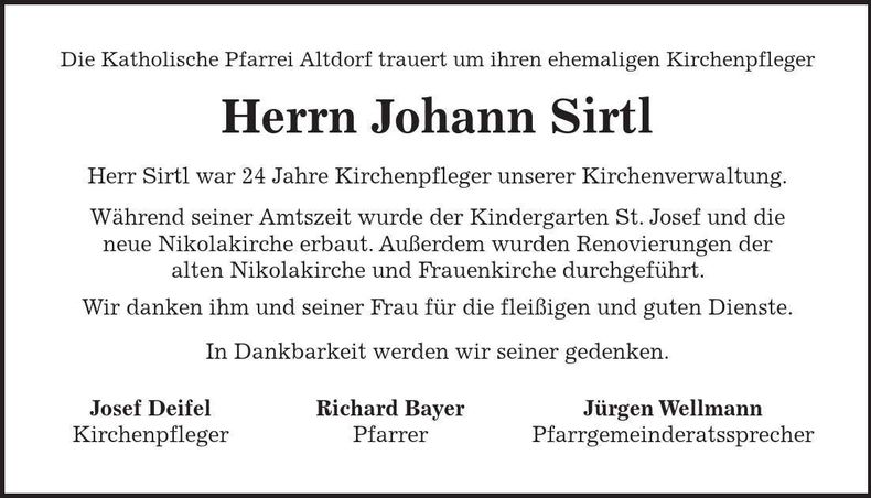 Traueranzeige Johann Sirtl
