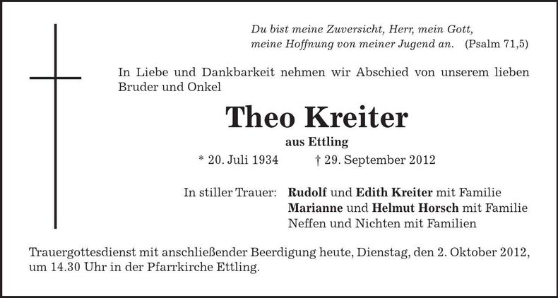 Traueranzeige Theo Kreiter