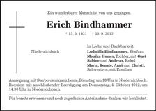 Traueranzeige Erich Bindhammer