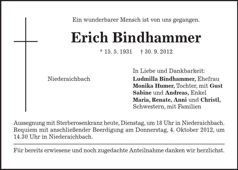 Traueranzeige Erich Bindhammer
