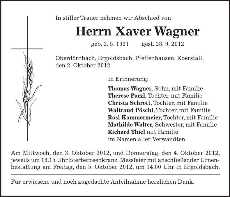 Traueranzeige Xaver Wagner