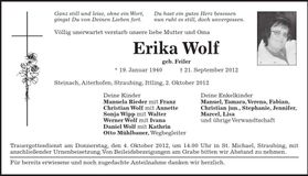 Traueranzeige Erika Wolf