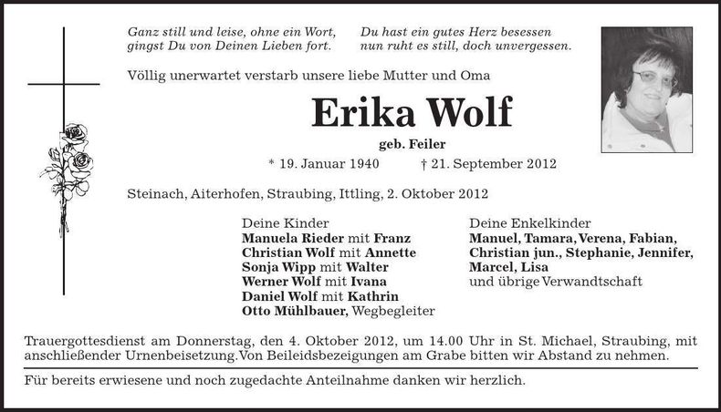 Traueranzeige Erika Wolf