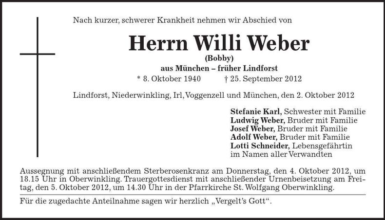 Traueranzeige Willi Weber