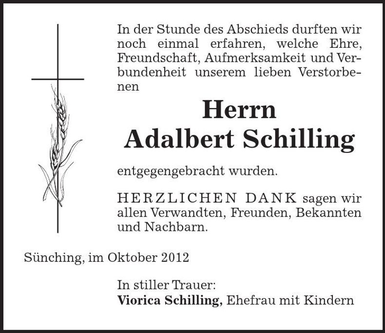 Traueranzeige Adalbert Schilling