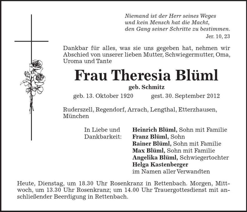 Traueranzeige Theresia Blüml