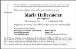 Traueranzeige Maria Hallermeier