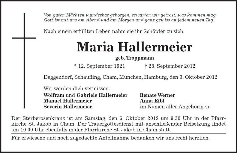 Traueranzeige Maria Hallermeier