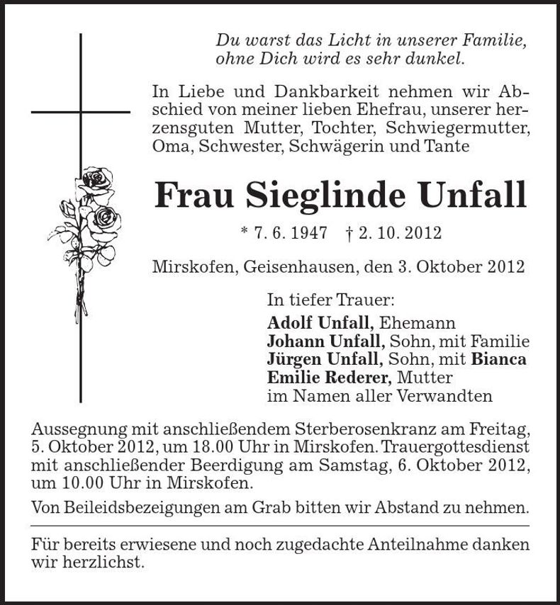 Traueranzeige Sieglinde Unfall